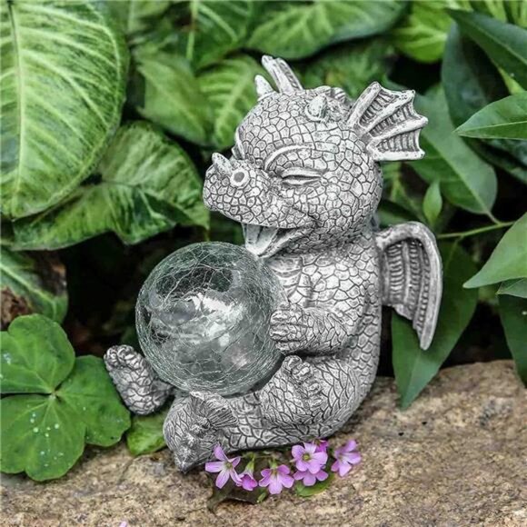 Garden Dragon Statues - Adorable Baby Resin Dragon Figurines, Holding Magic - Picture 5 of 6